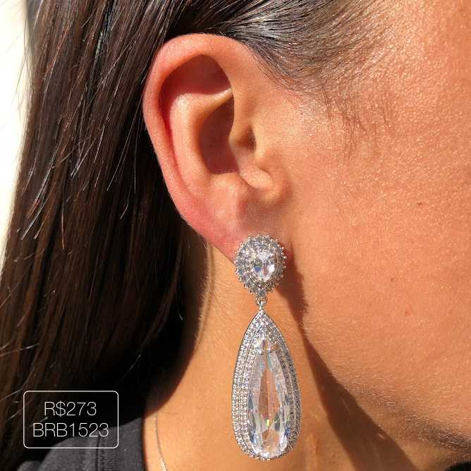 Brinco Super Gota Luxo Cristal Prateado